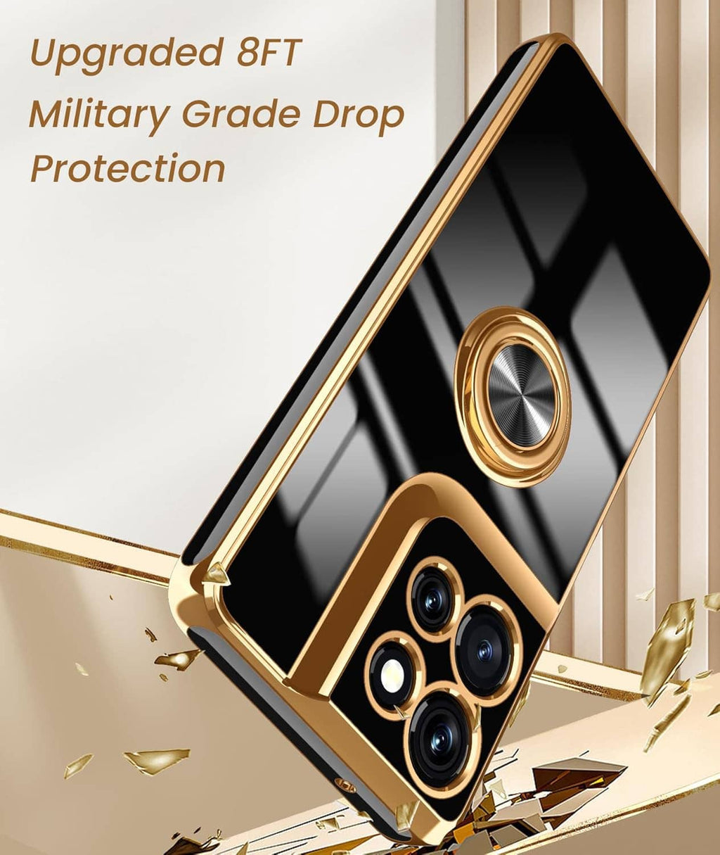 Rugged gold phone case with ring holder and camera protection for drop safety