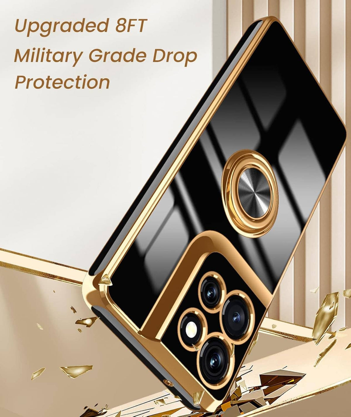 Rugged gold phone case with ring holder and camera protection for drop safety