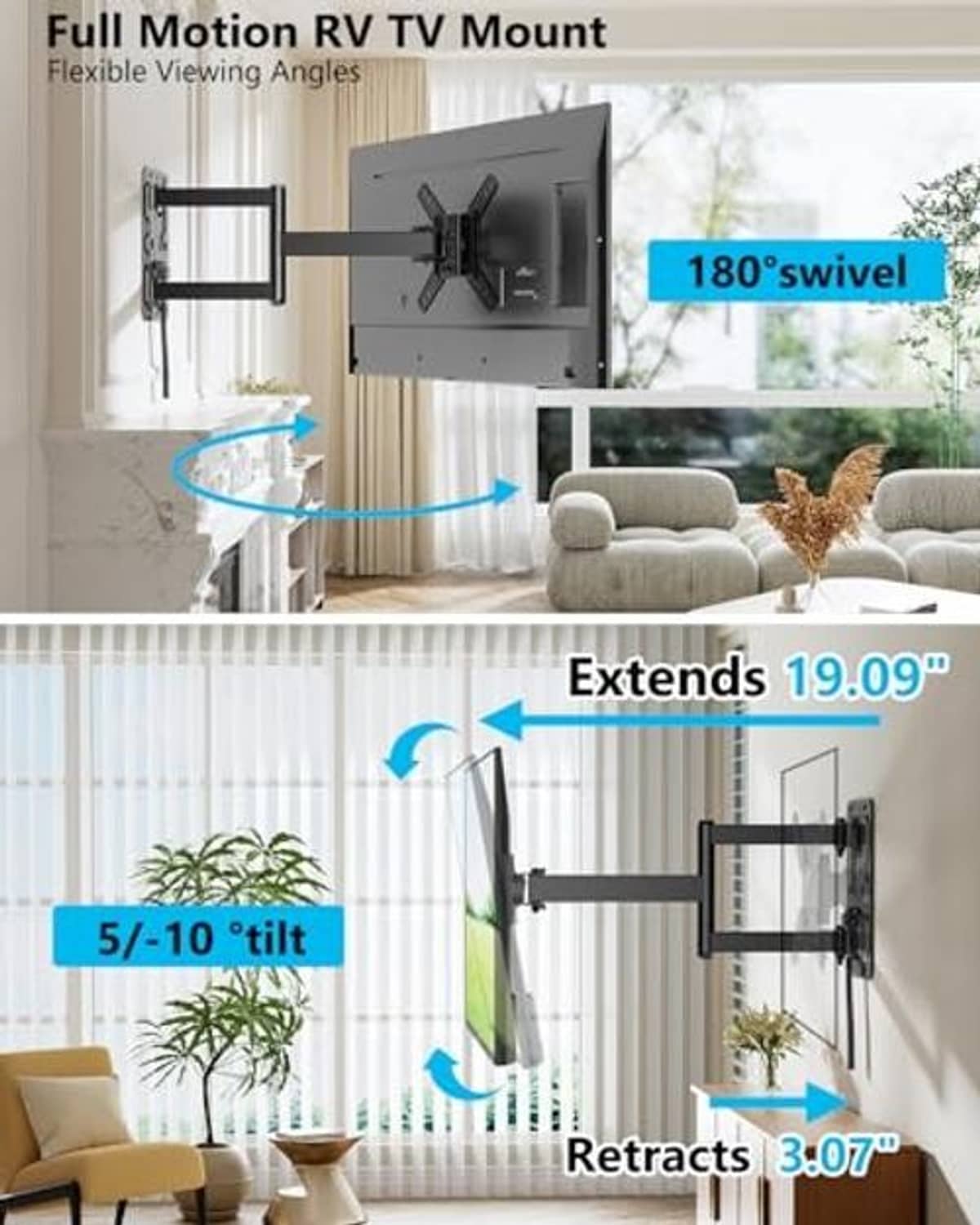 Full-motion RV TV wall mount with extend, tilt, and swivel movement for the TV