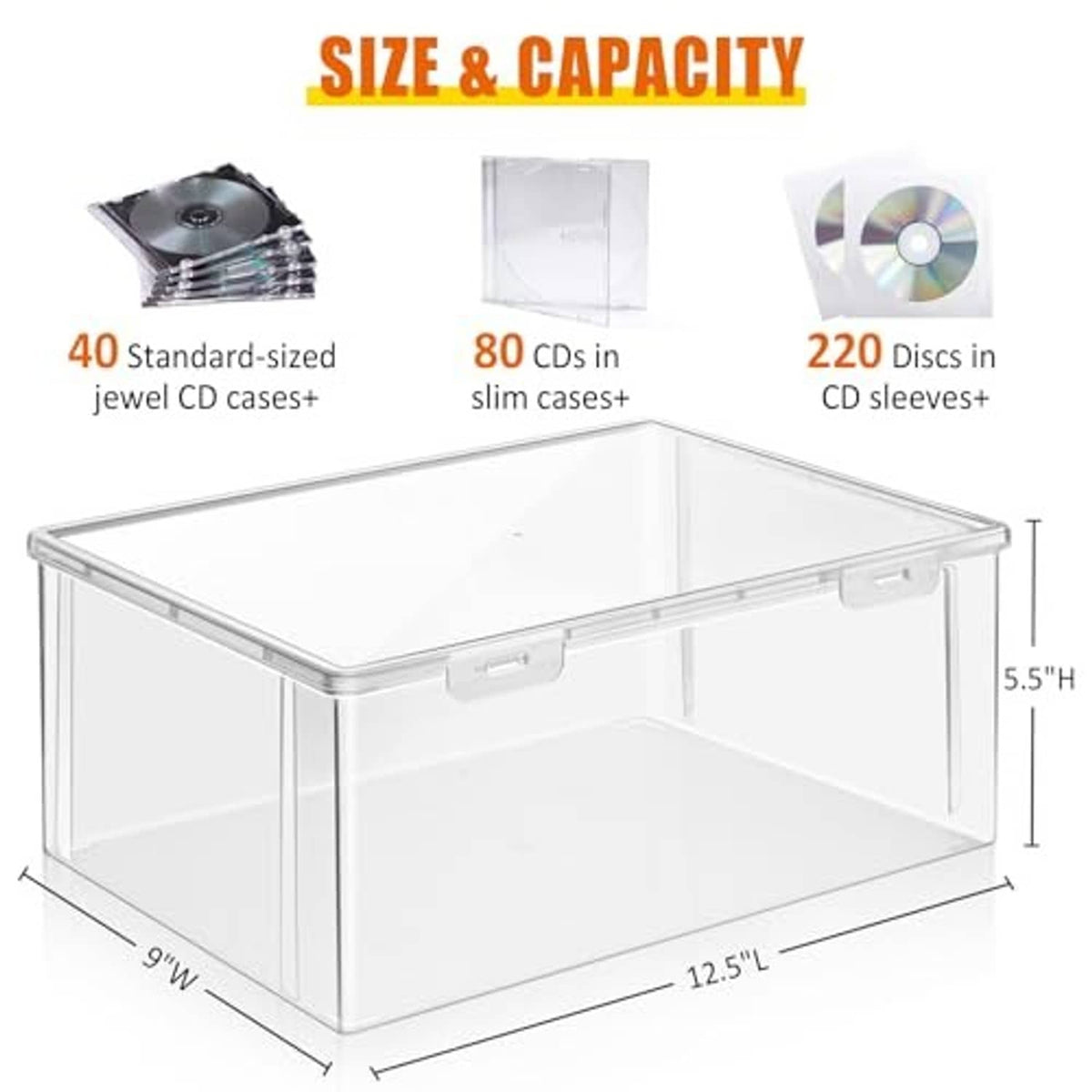 Clear plastic CD storage box with hinged lid and empty interior, dimensions view
