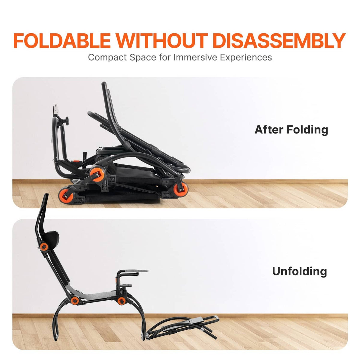 Foldable racing simulator wheel stand shown folded and unfolded on wooden floor