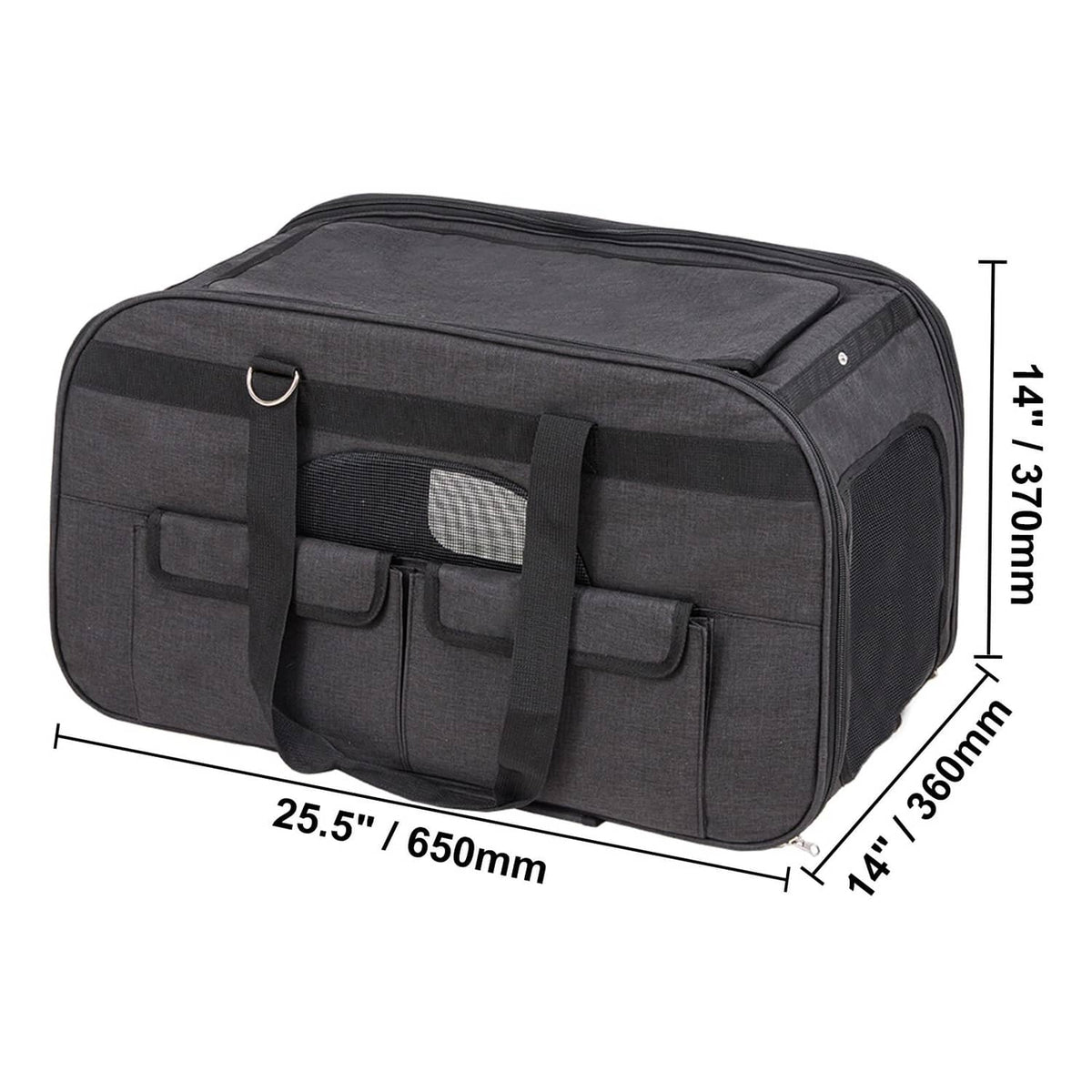 Black padded pet carrier with front mesh window and front latch strap