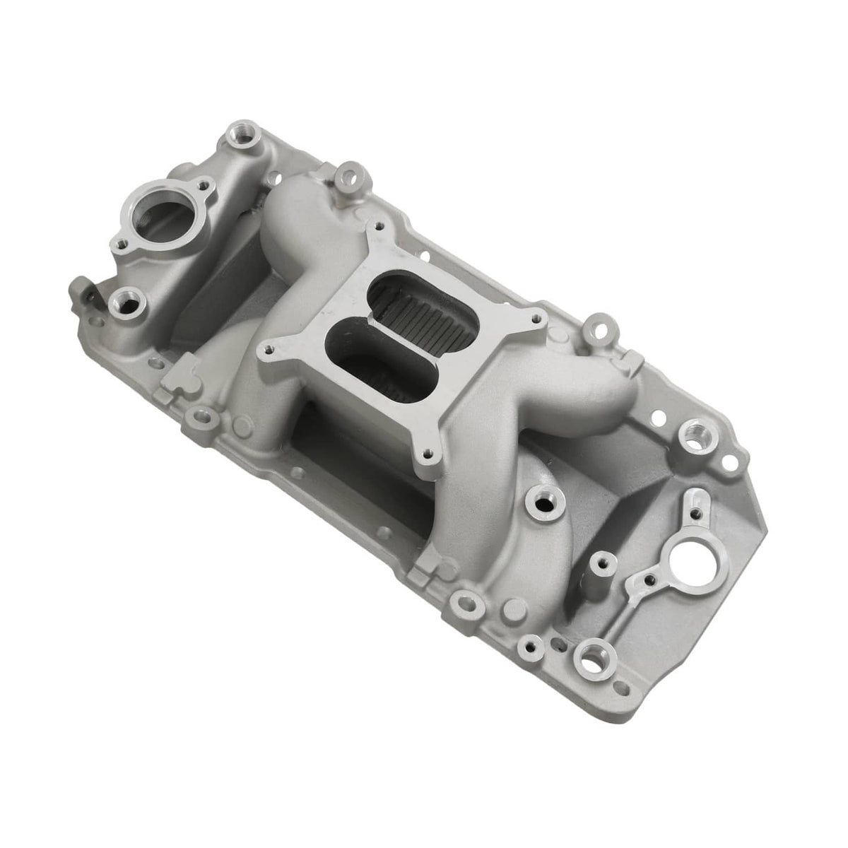 Dual plane intake manifold with two intake runners, mounting bolts, and sensor port