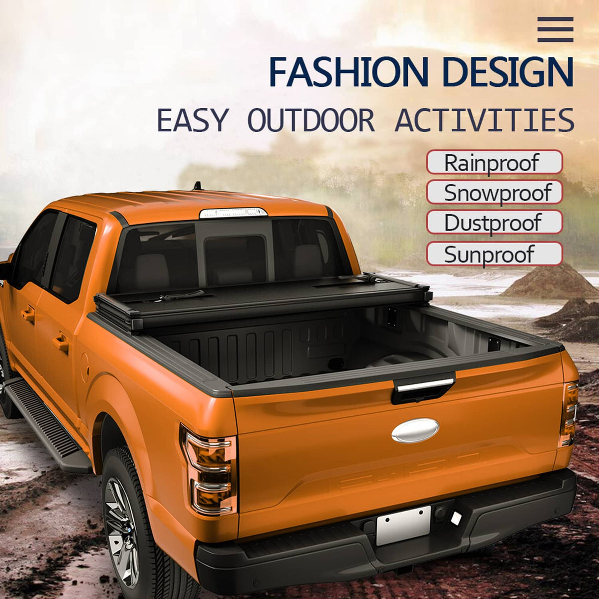 Hard tri-fold tonneau cover partially open on orange pickup, black bed interior visible