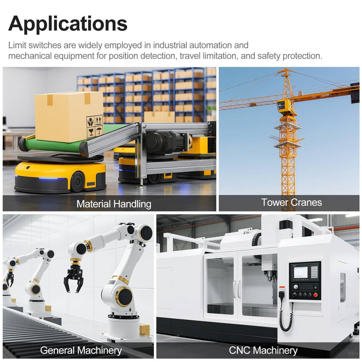 Limit switch applications collage with industrial machinery and equipment