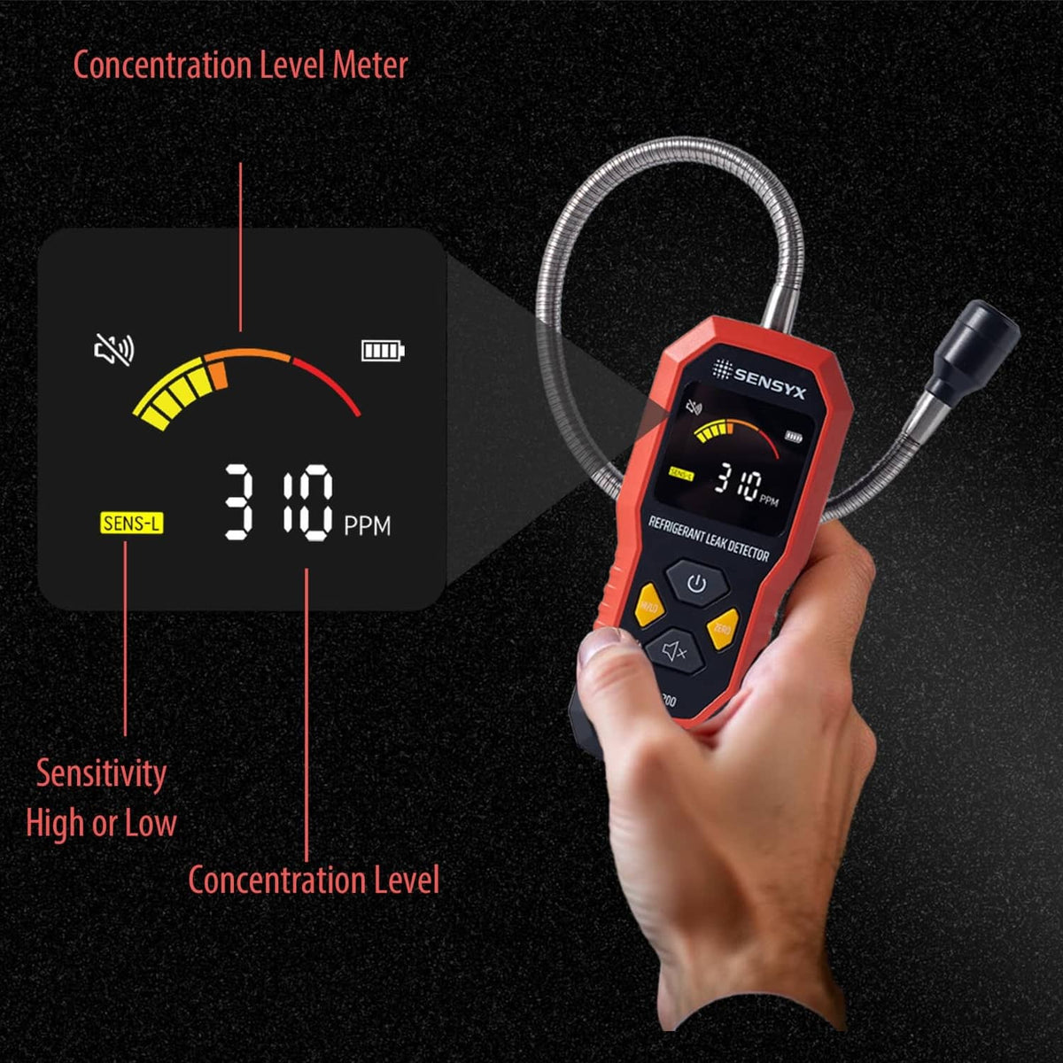 Handheld refrigerant leak detector with flexible probe, LCD indicators, and control buttons