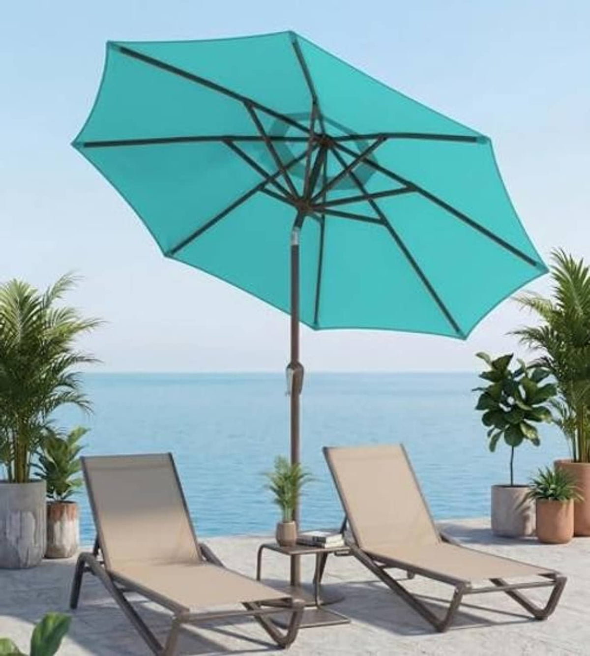 Teal patio umbrella with cross-braced canopy frame above lounge chairs