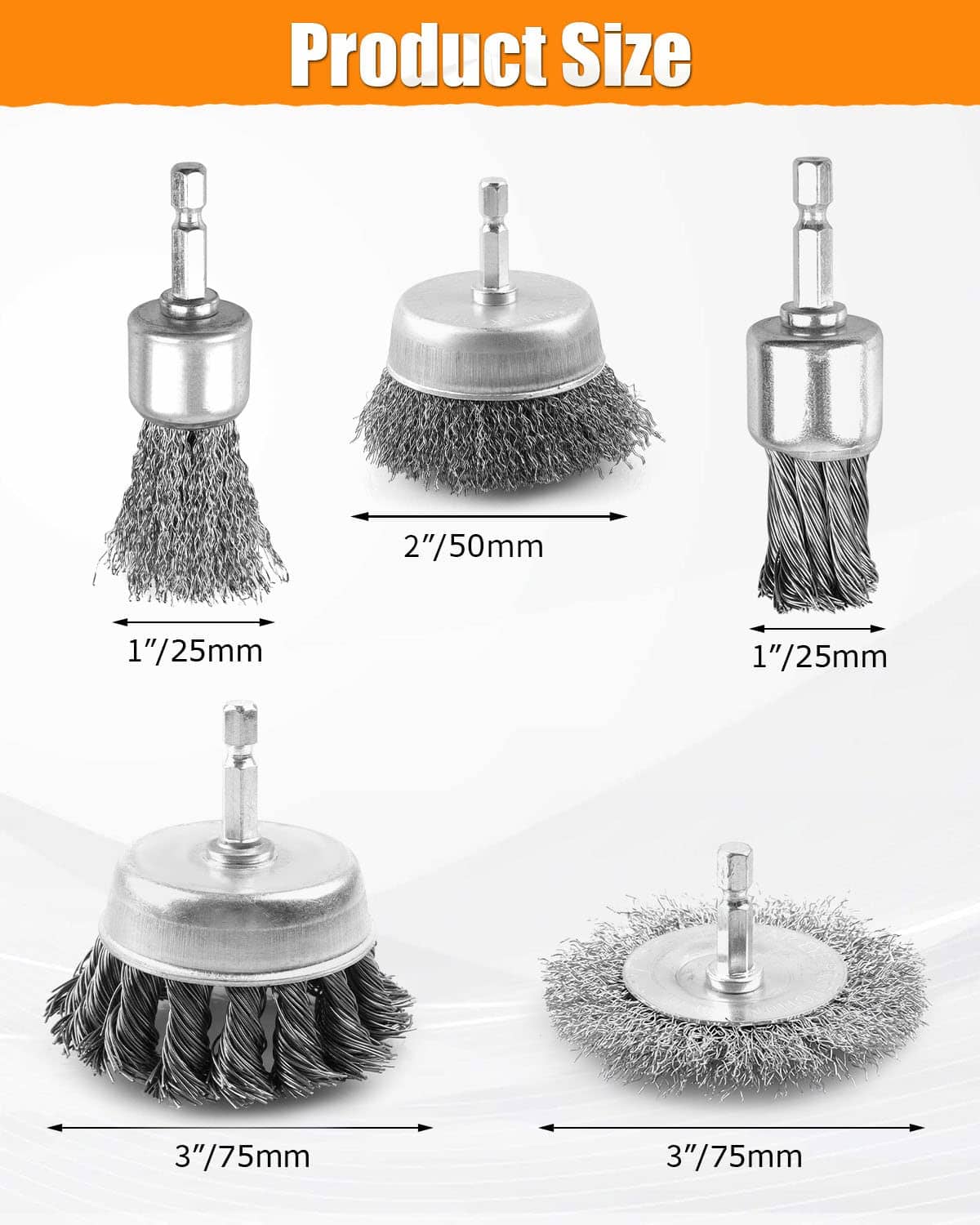 Wire brush wheel set for drill, hex shanks with size markings on wheels
