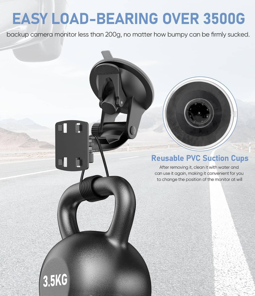 Black suction-cup backup camera mount with rear-view camera and support clamp