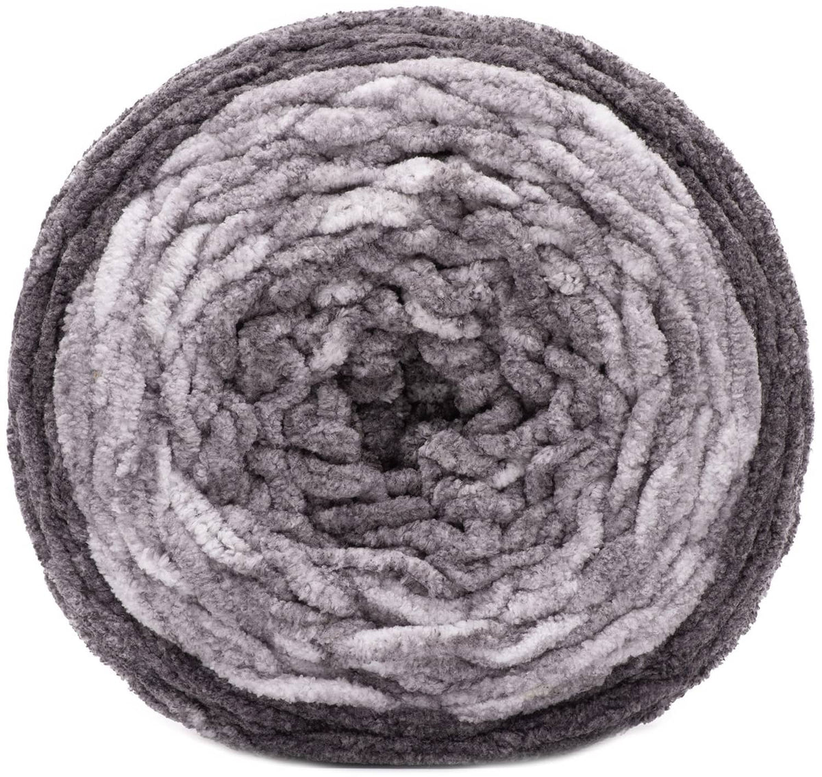 Gray dappled super bulky yarn skein close-up with thick looped texture