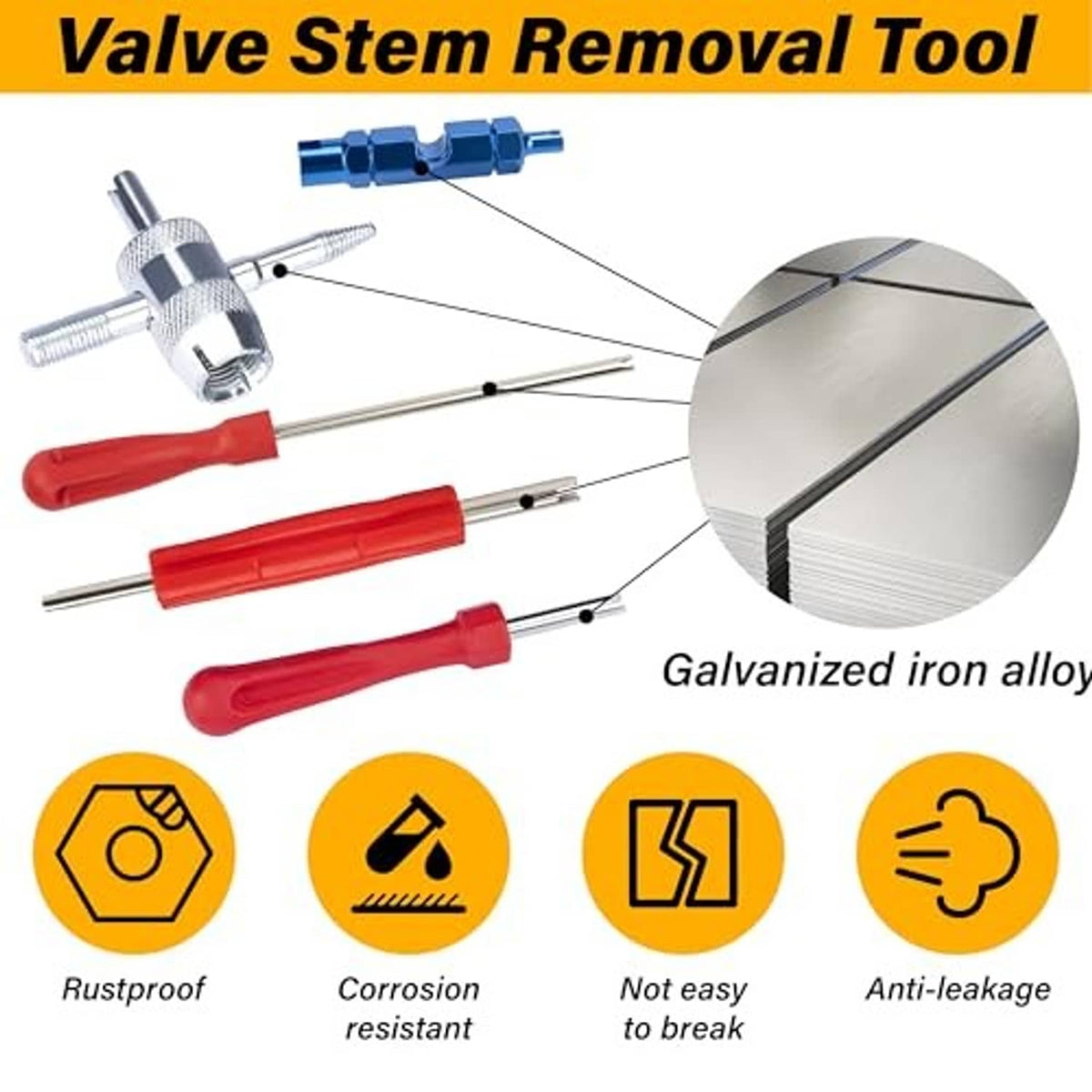 Valve stem removal tool kit with red handles, metal rods, and a cross tool head