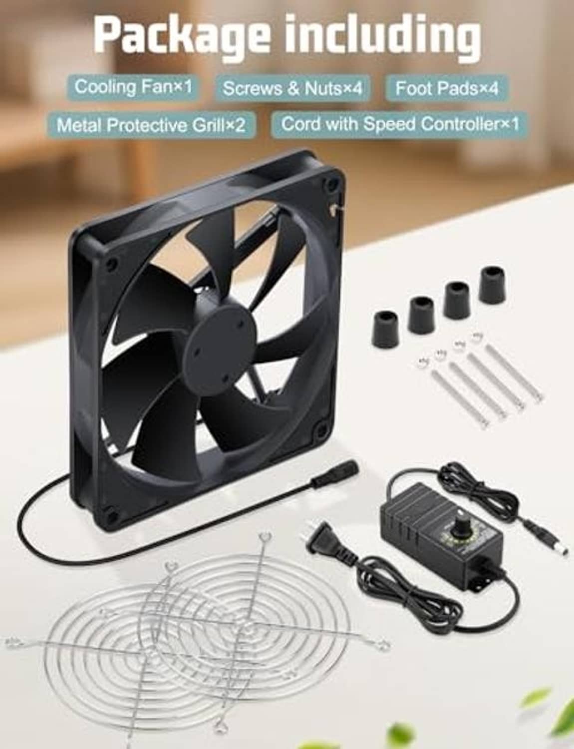 Computer fan kit including protective grill, cord with speed controller, and screws