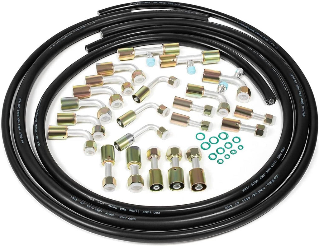 Air conditioning hose and fitting kit with coiled black hoses and assorted metal connectors