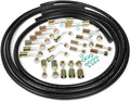 Air conditioning hose and fitting kit with coiled black hoses and assorted metal connectors