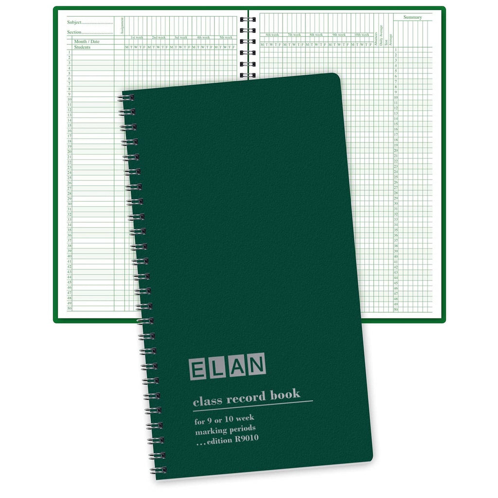 Spiral-bound class record book with dark green cover and ruled record pages