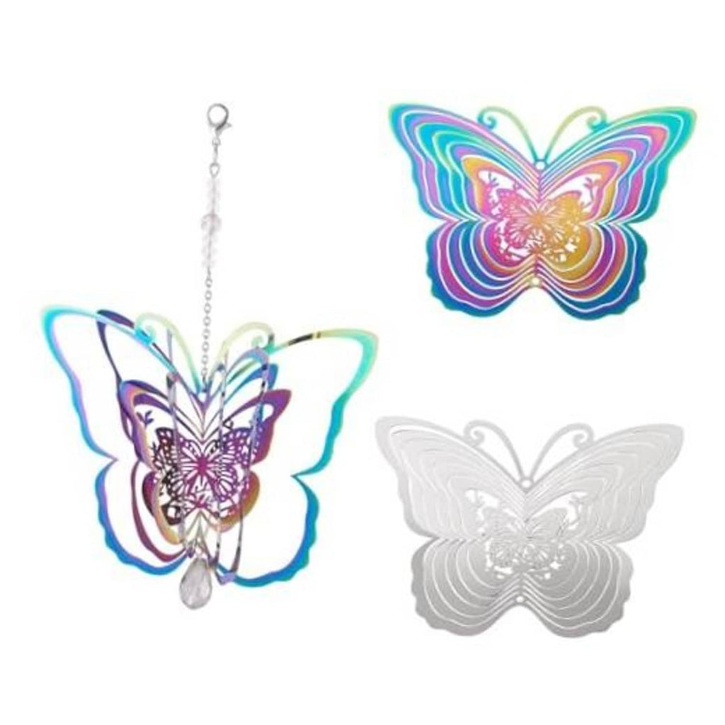 Two butterfly filigree hanging pendants: colorful and light gray with silver chains