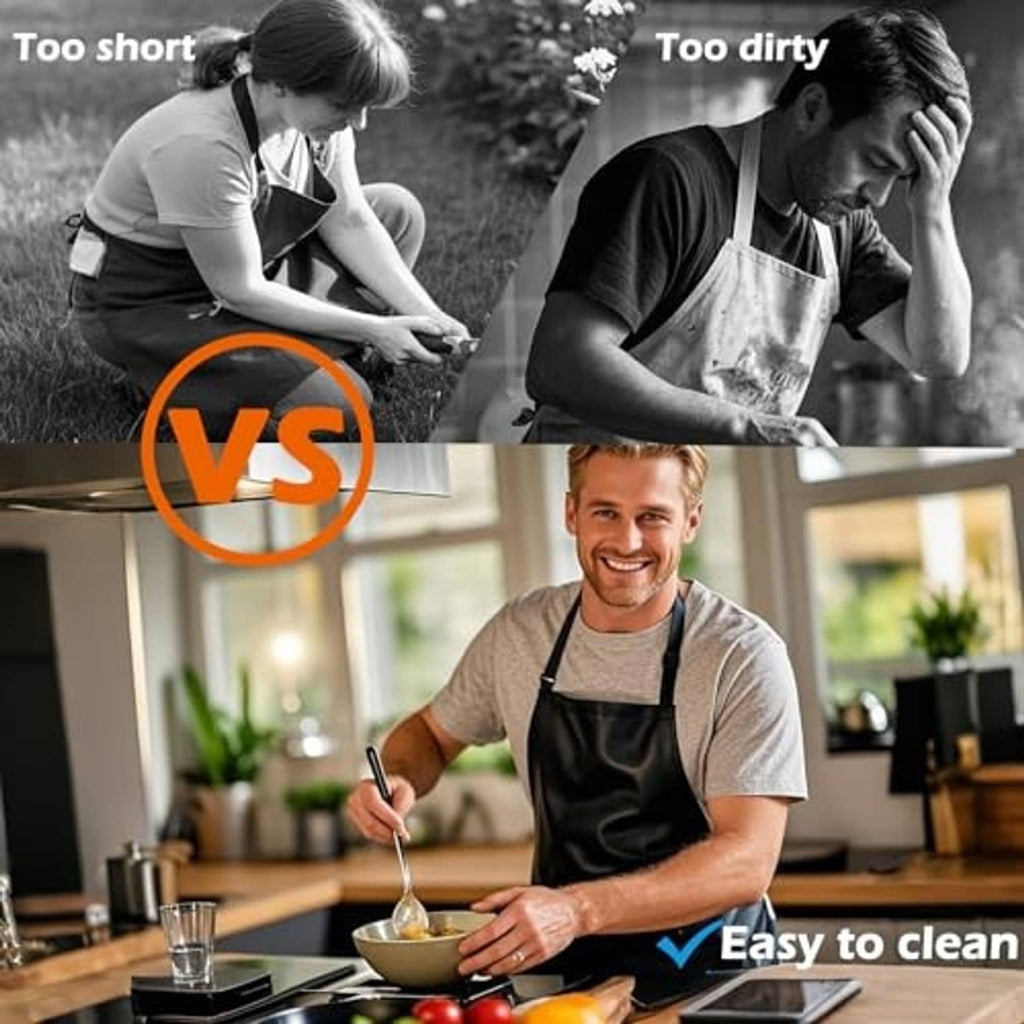 Black waterproof apron worn by people during kitchen prep and cleaning tasks.