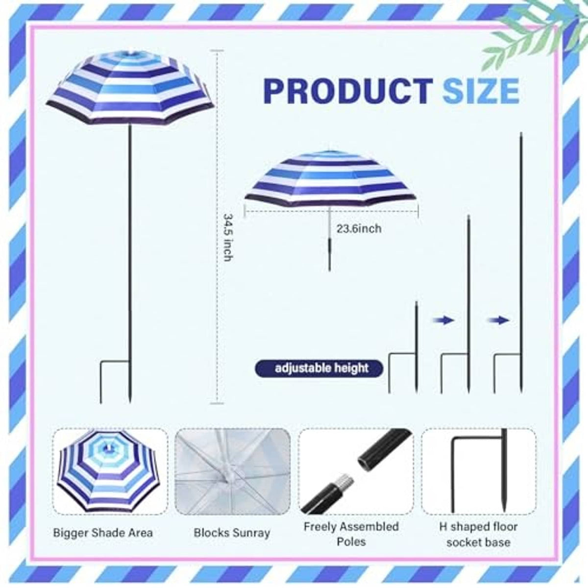 Blue and white striped plant umbrella canopy with height and size measurements