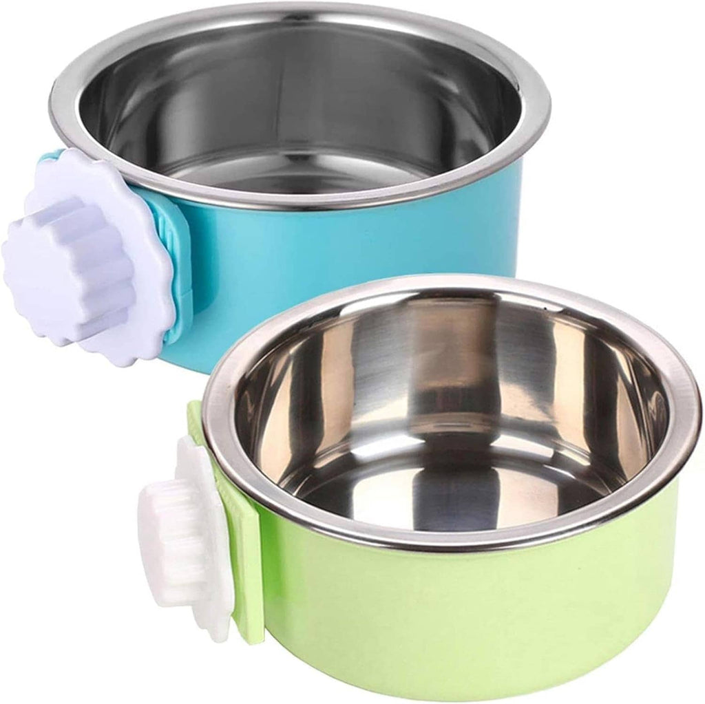 Stainless steel pet bowls with blue and light-green plastic hanging cage mounts