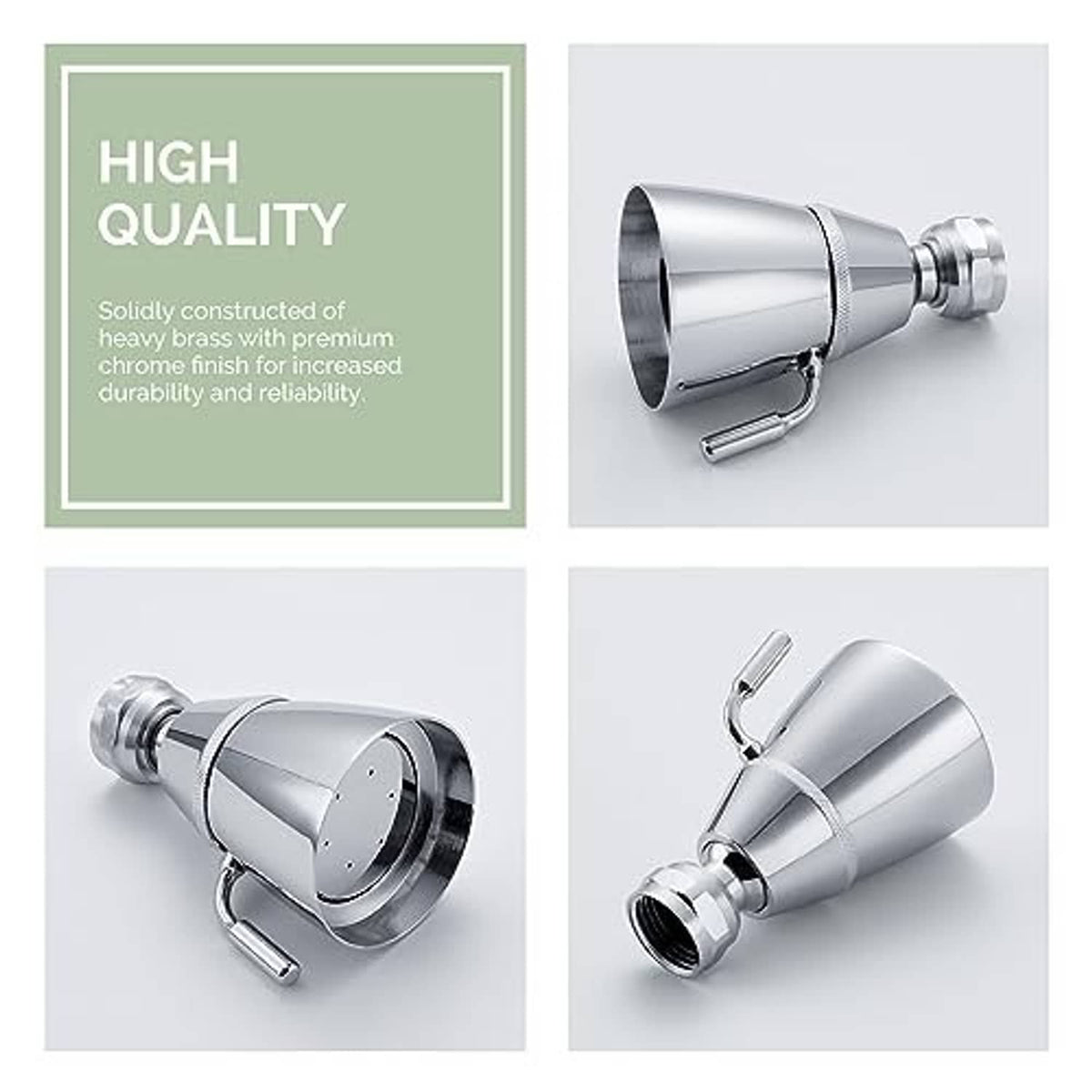 High-quality chrome shower head made from heavy brass, with adjustable lever and base