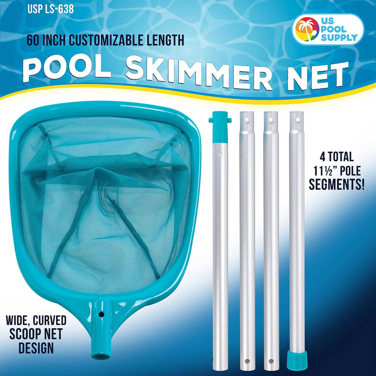 Pool leaf skimmer net set with blue mesh scoop and white segmented extension pole.