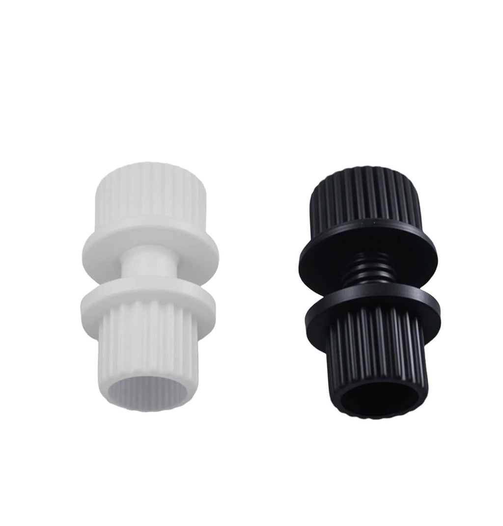 Pair of nylon license plate fasteners: white and black ribbed head screws with threaded stems