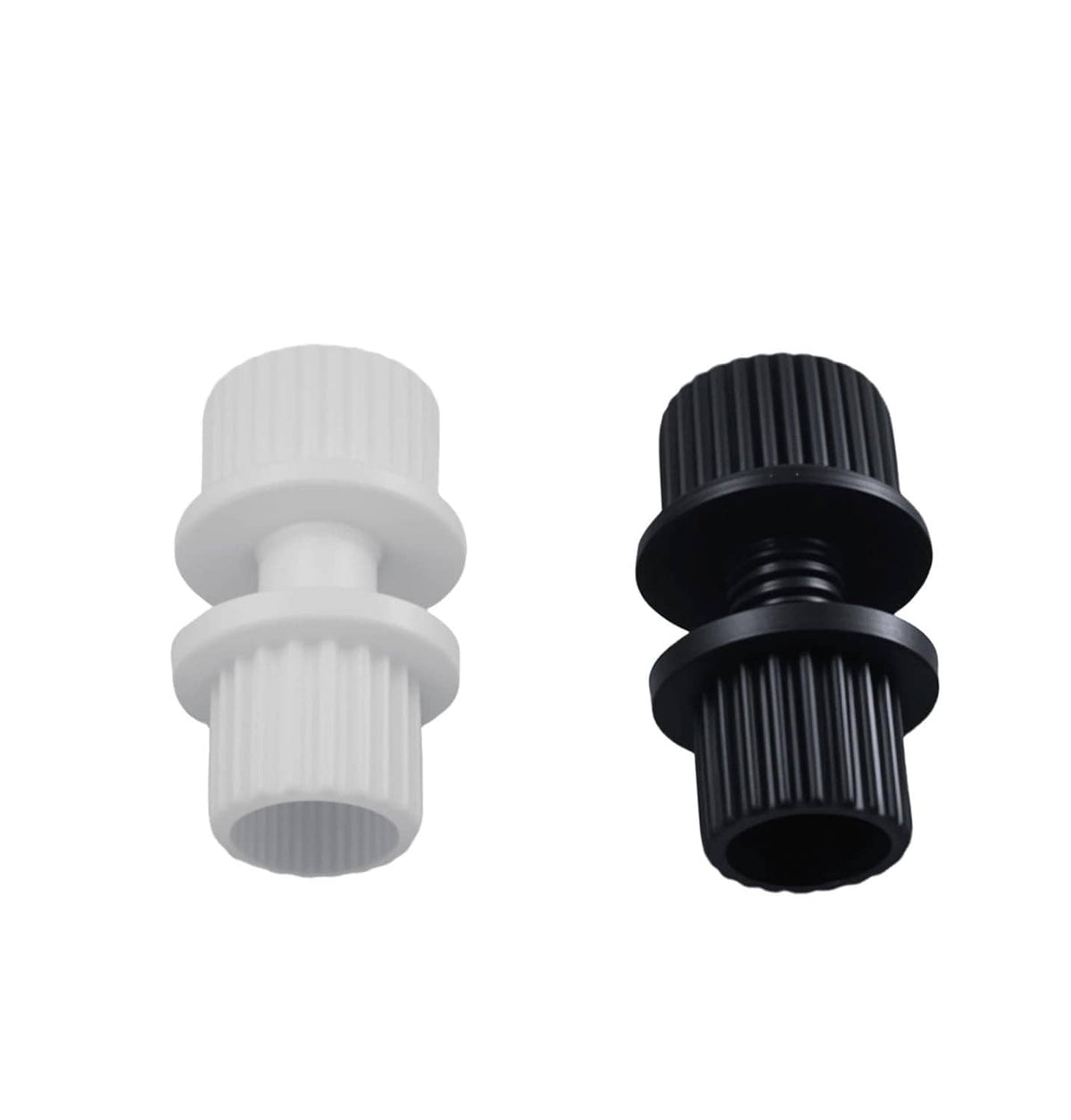 Pair of nylon license plate fasteners: white and black ribbed head screws with threaded stems