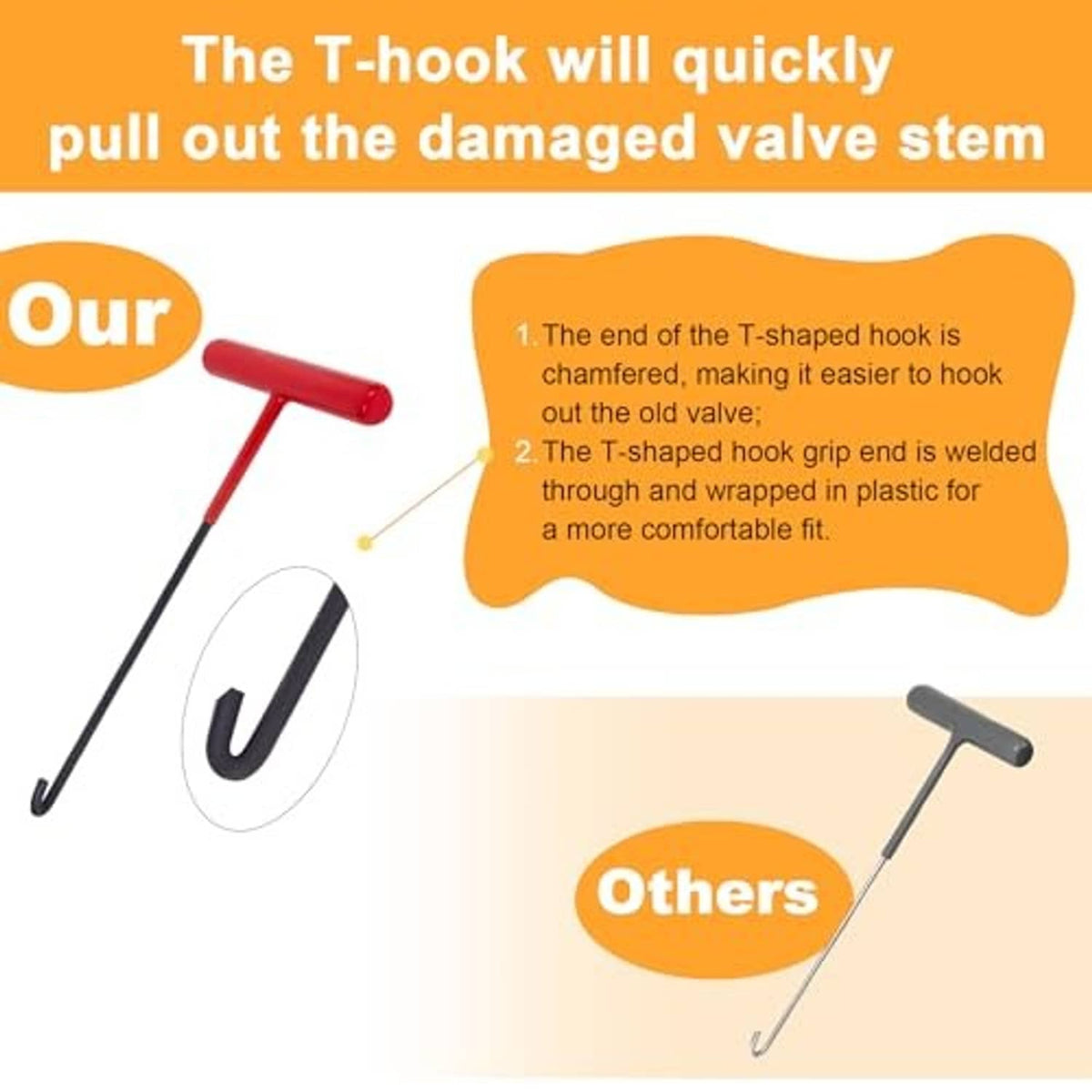 T-shaped hook tool with red handle for pulling damaged tire valve stems
