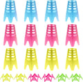 Plastic golf practice tees set in blue, pink, and yellow, plus green zigzag stake pieces