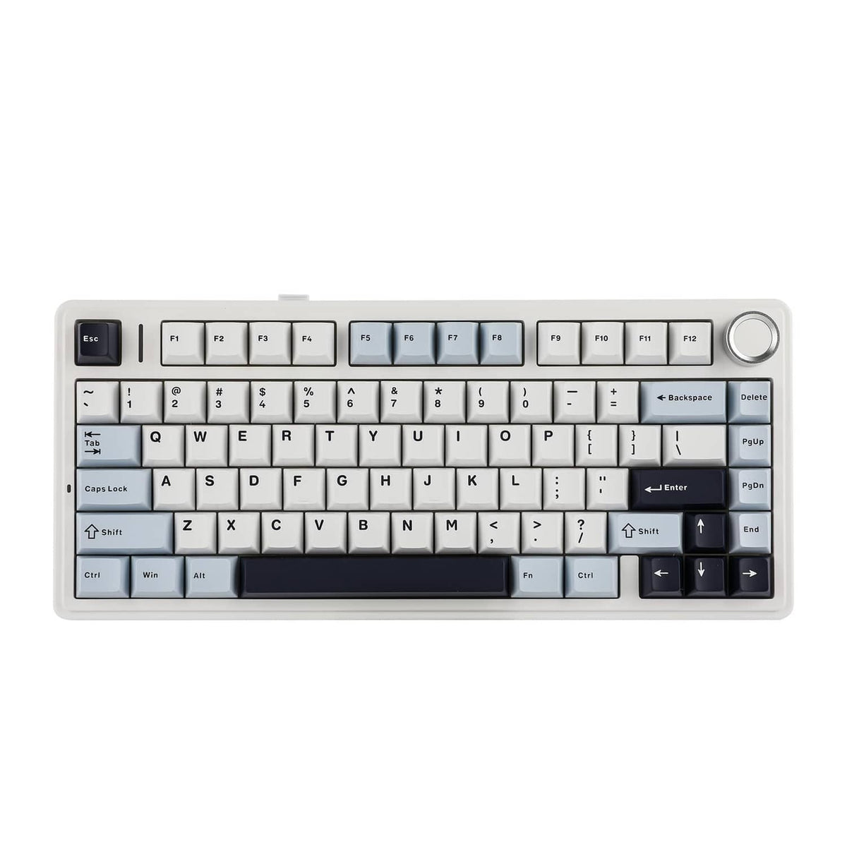 Light blue mechanical keyboard with white keys and dark media keys