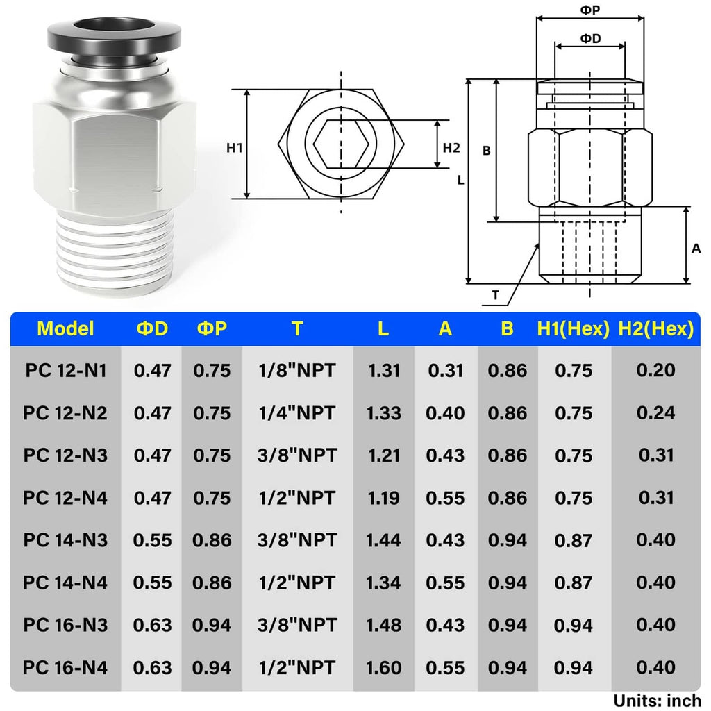 Silver straight push-to-connect fitting, outer hex, ribbed tube side, black seal opening