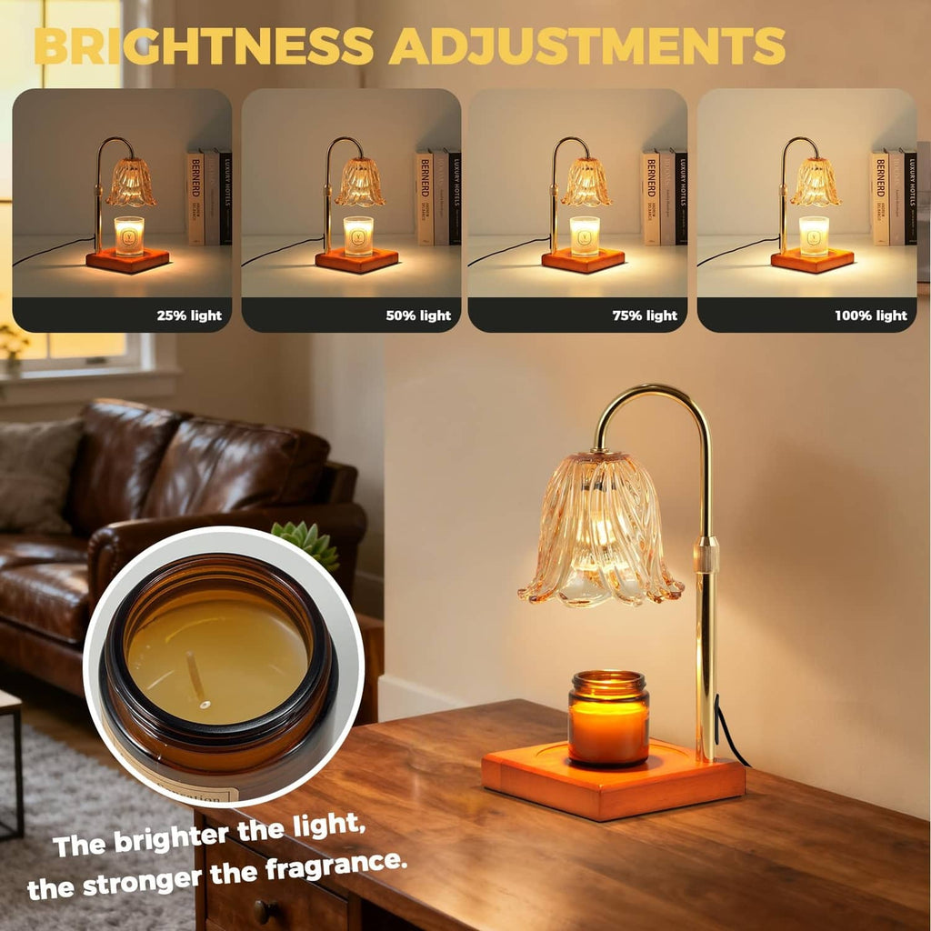 Gold flameless candle lamp with glass flower shade and lit jar candle with brightness settings