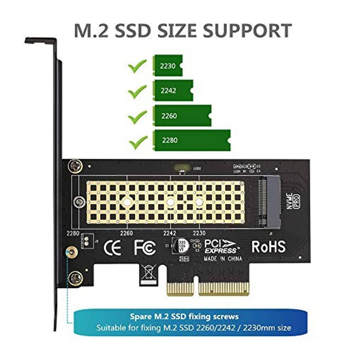 M.2 NVMe to PCIe x4 adapter card with low-profile bracket and heatsink