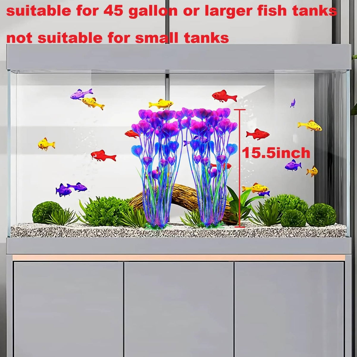 Tall purple-blue artificial aquarium plants with green stems and gravel base