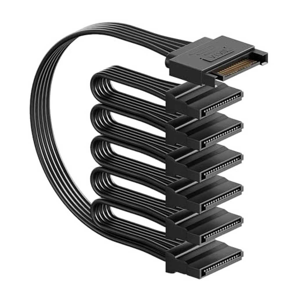 6-way SATA power splitter cable with stacked SATA power connectors and 15-pin input