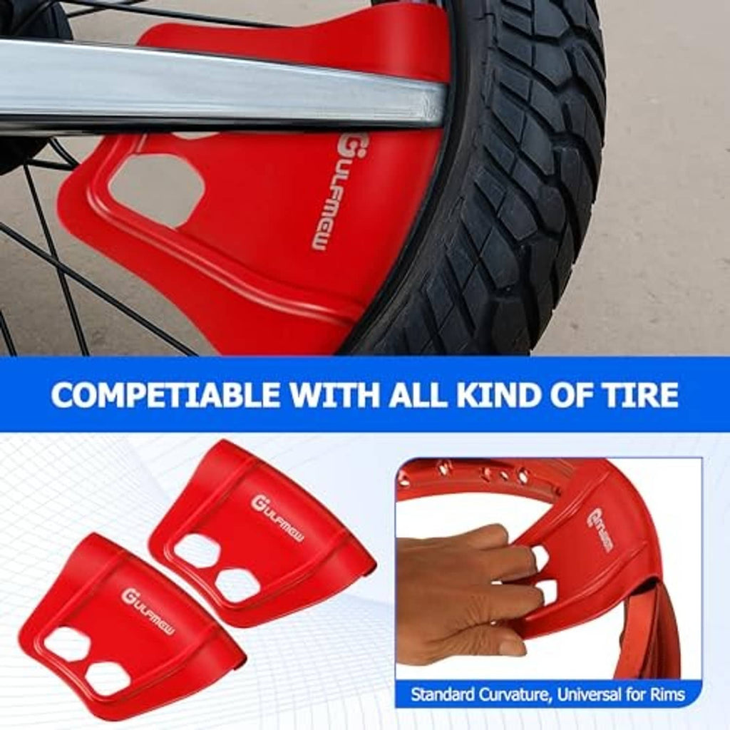 Red wheel rim protector positioned beside a tire tread on a spoked wheel.