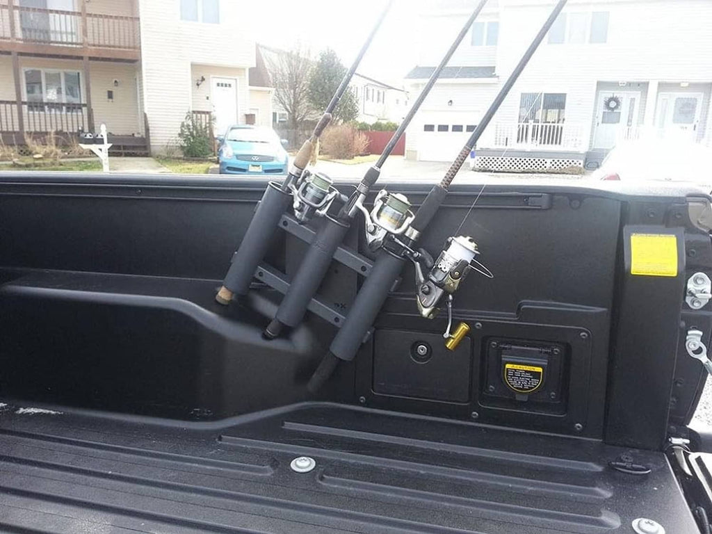 3-rod tube rod holder rack mounted on boat deck, black cylindrical holders