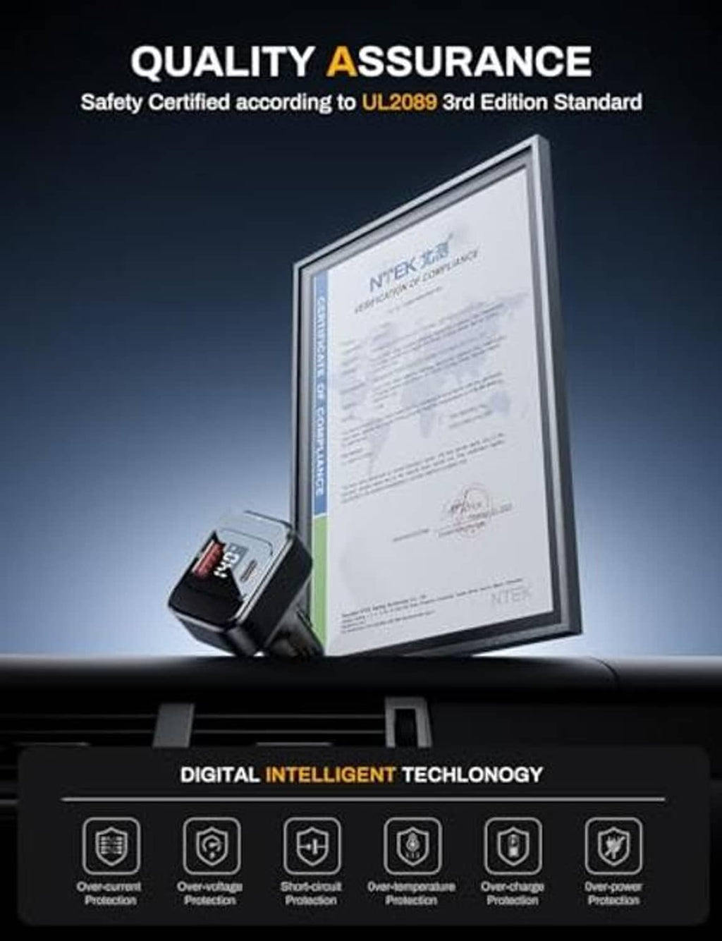 Black car charger with certification document graphic shown beside it