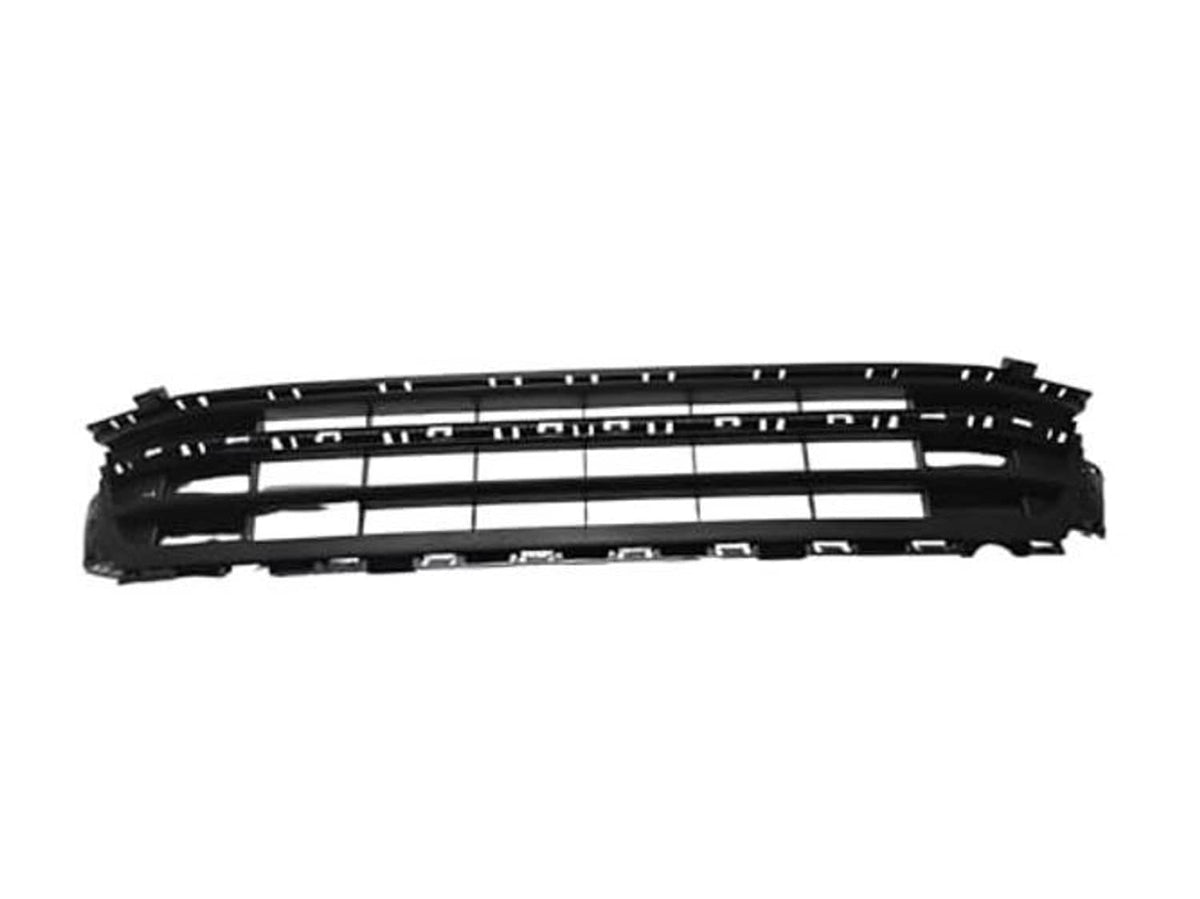 Front lower bumper grille, black plastic frame with multiple horizontal bars