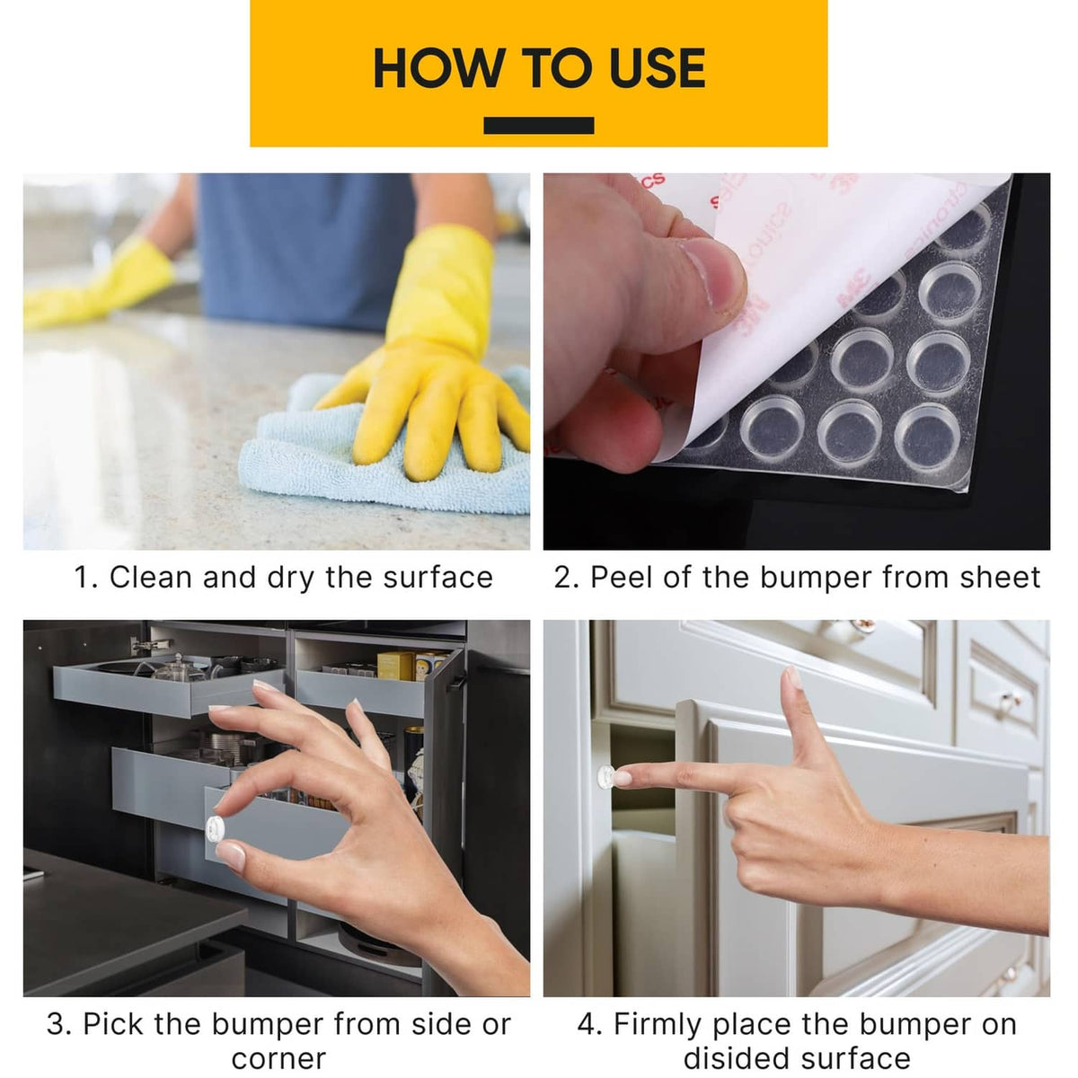 Steps for using clear silicone bumper: peel backing and press onto surface
