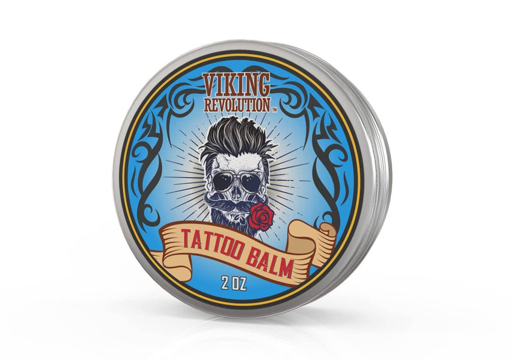Viking Revolution tattoo care balm tin, blue skull rose label, 2 oz round container