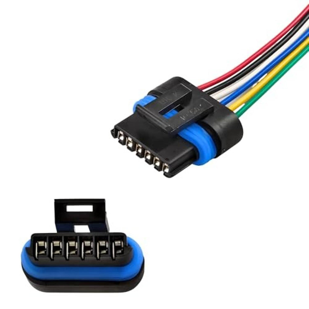 TPS 6-pin pigtail plug with black housing, blue strain relief, and multicolor wires