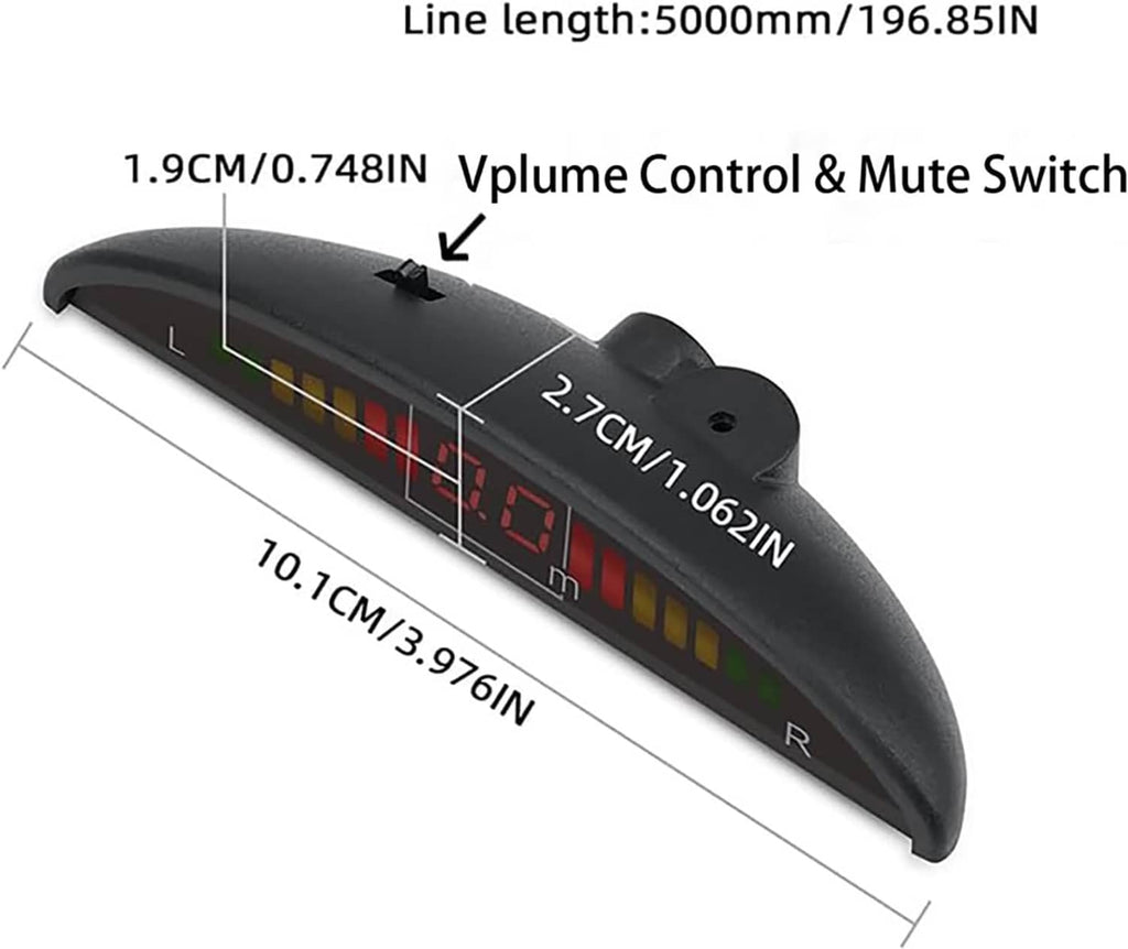 LED parking sensor display strip with distance bars and mute switch, size measurements