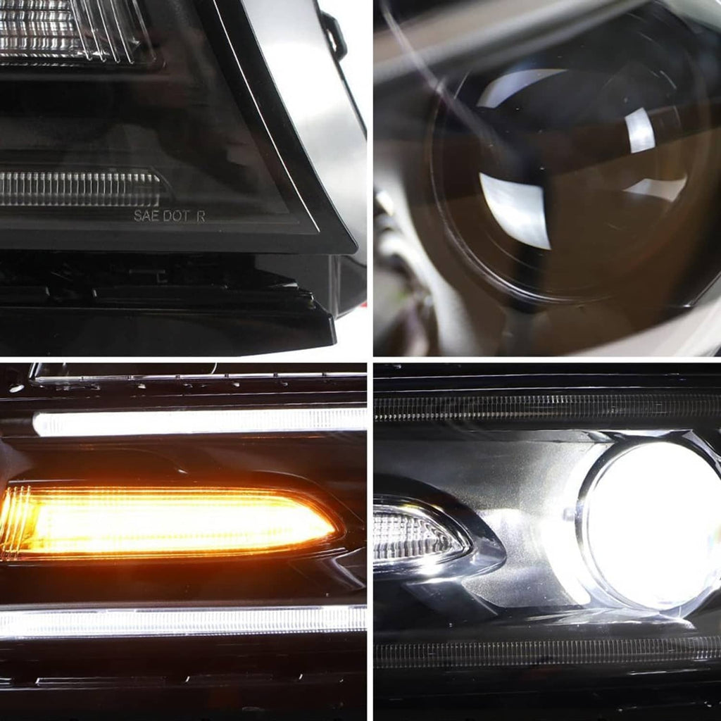 Close-up of RGB LED projector headlight elements with amber and bright white LEDs