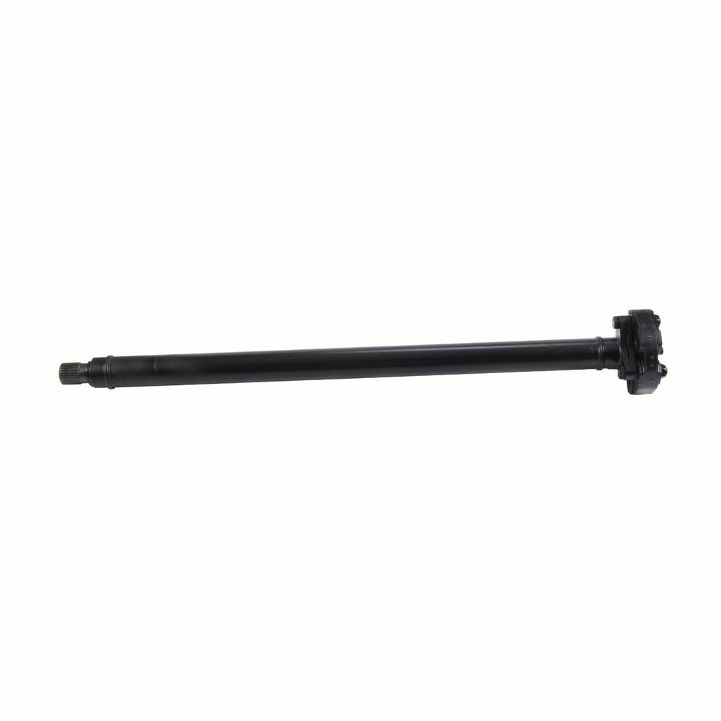 Front drive shaft with mounting yoke and splined end, side view, black metal