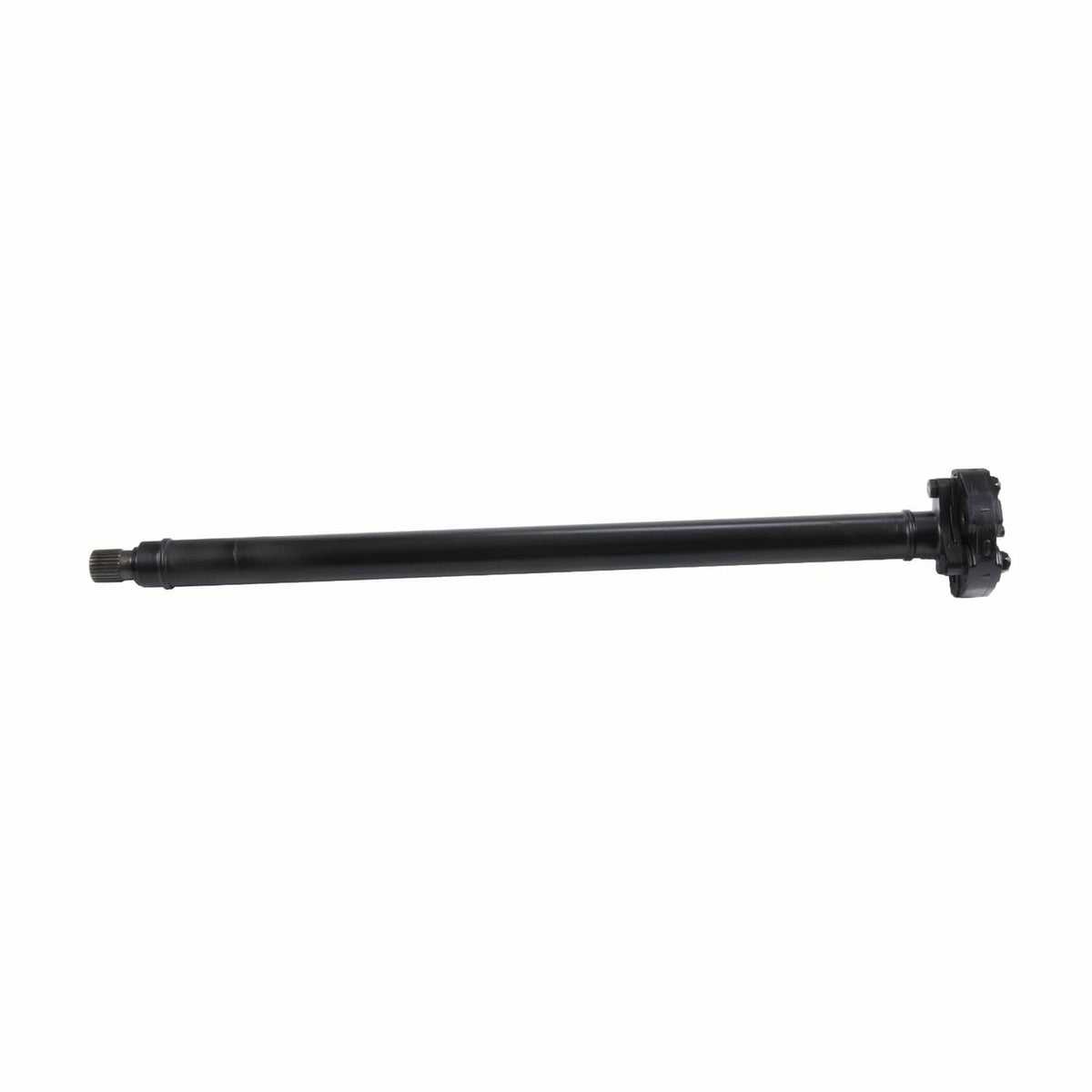 Front drive shaft with mounting yoke and splined end, side view, black metal