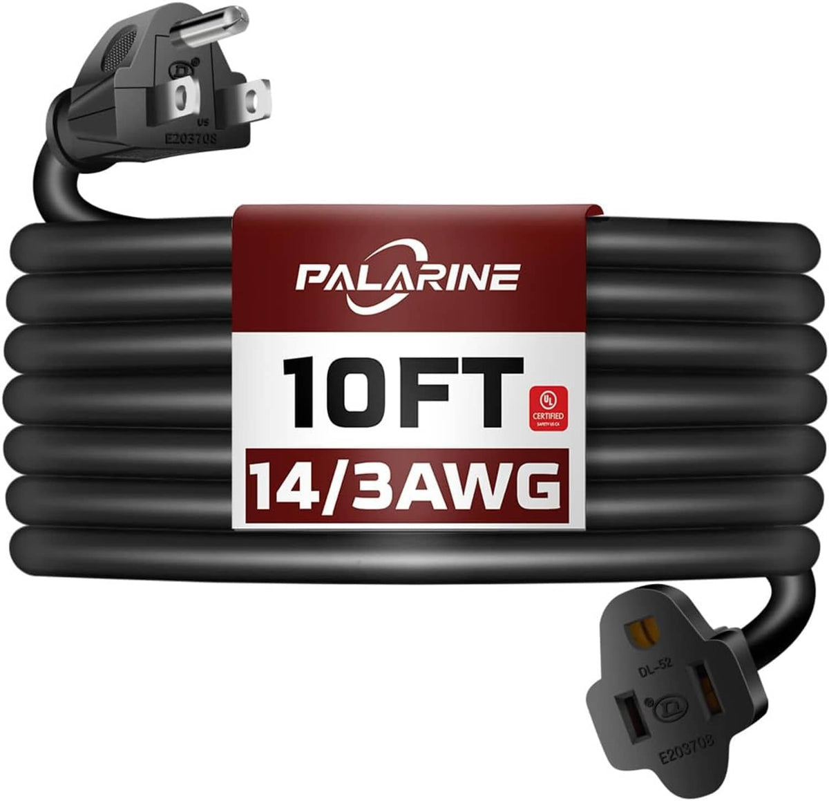 Coiled black extension cord labeled PALLARINE 10FT, 14/3 AWG, with plug and socket