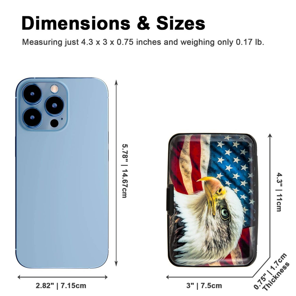 Compact card holder with bald eagle and American flag print, size outline shown