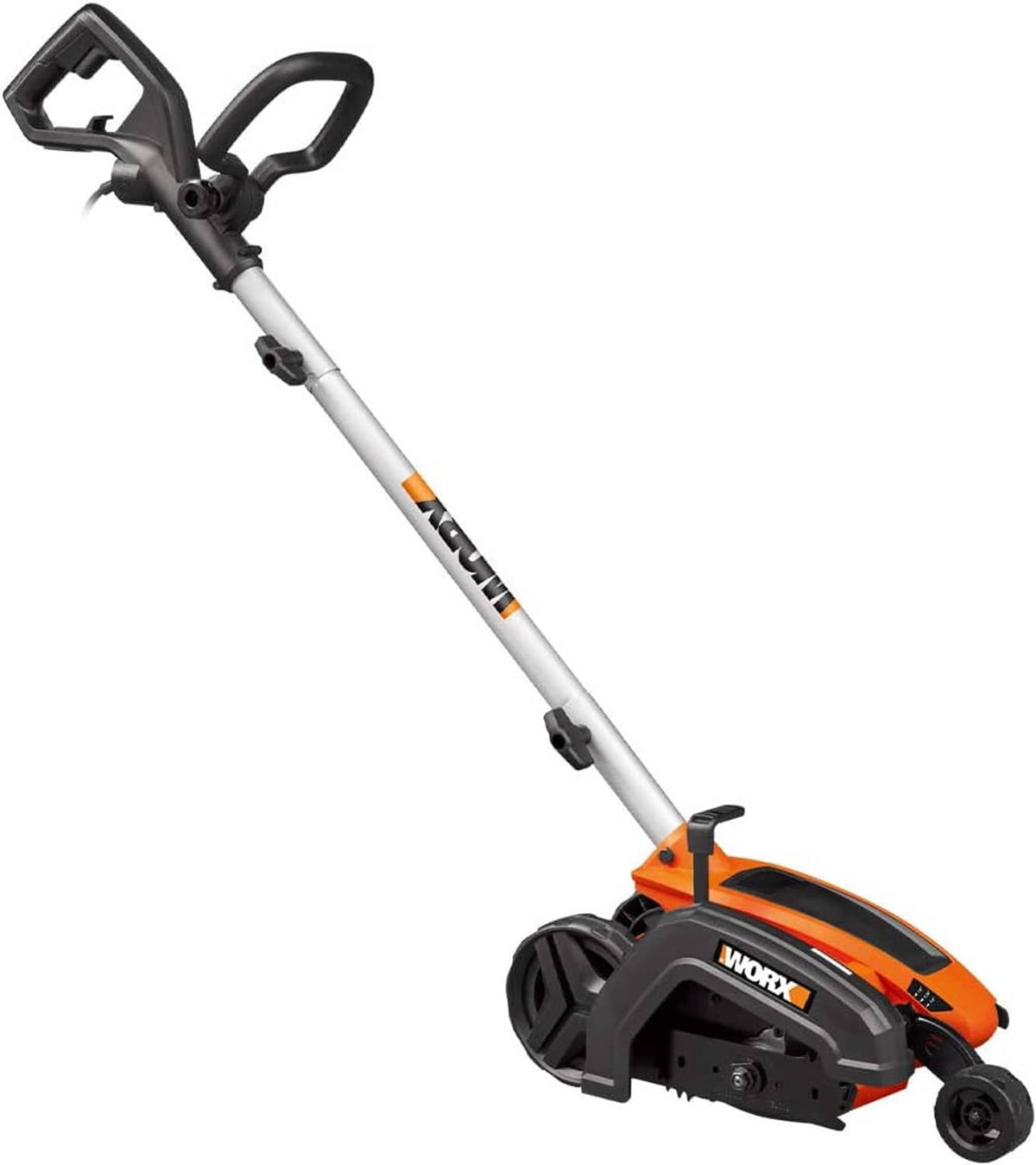 Corded electric lawn edger and trencher with black handle and orange base