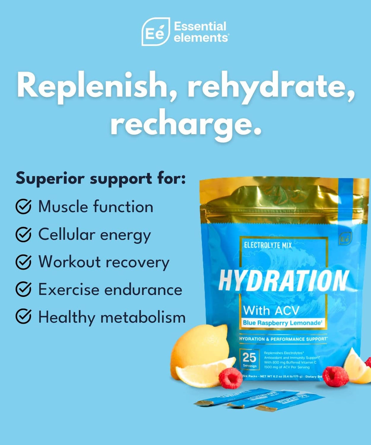 Hydration electrolyte powder pouch with ACV, shown with performance benefit icons.